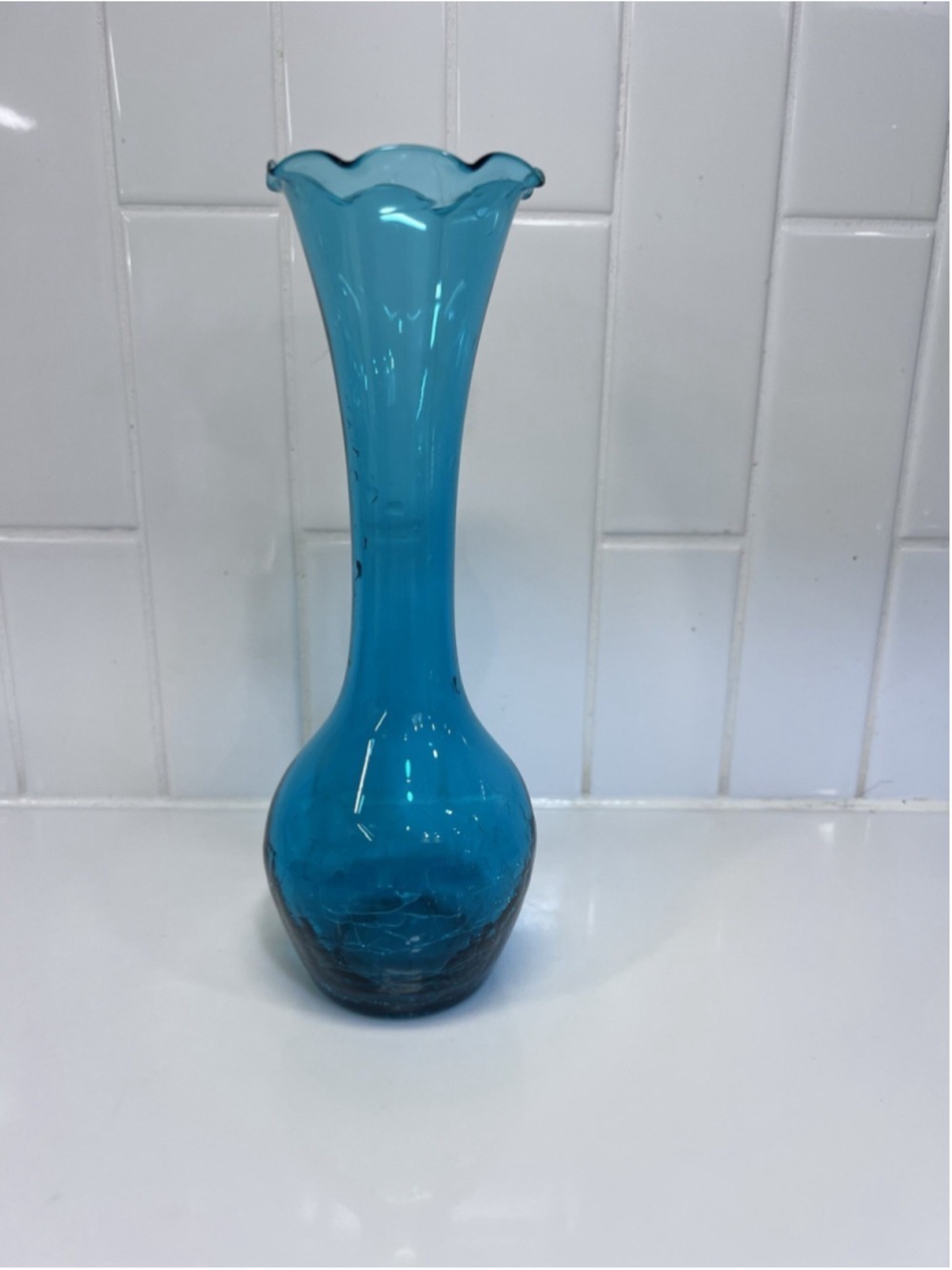 Vintage Teal Crackled Glass Bud Vase Teal Turquoise Blue